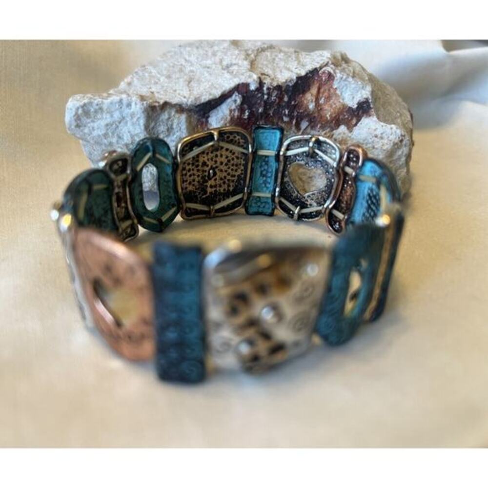 Women’s Stretchy Unique Wisdom Owl Copper & Teal Bracelet NWOT - Picture 2 of 6